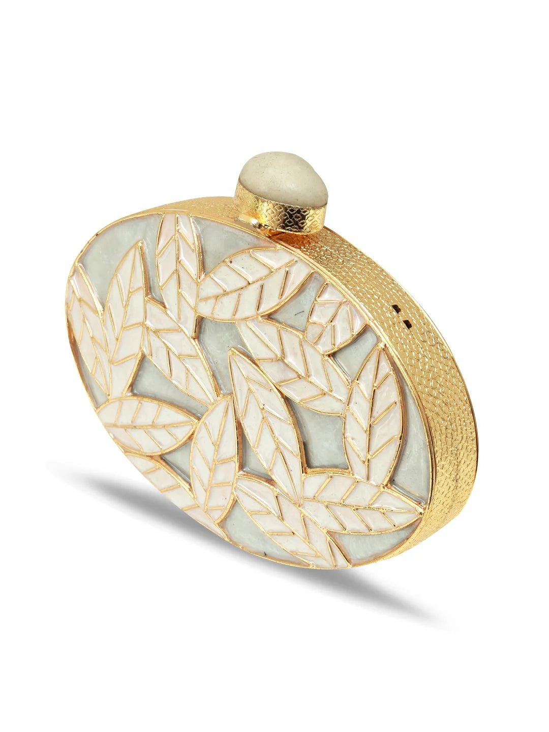 Gold and white clutch with leaf pattern on a white background