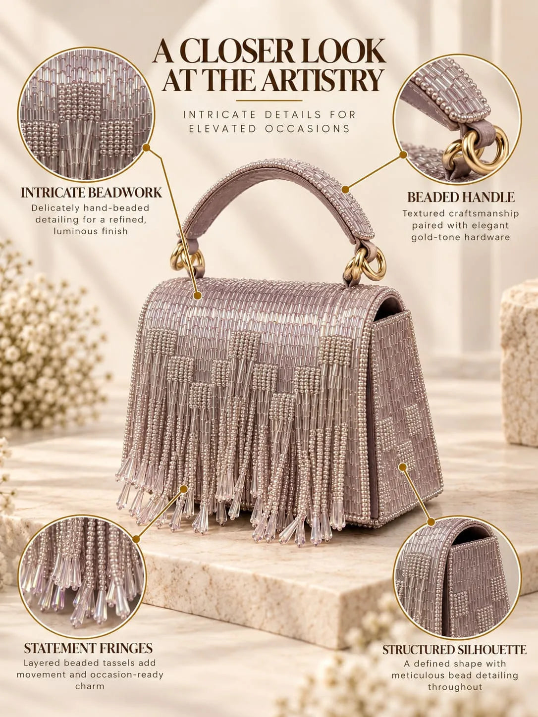Maria Lilac handcrafted beaded tasselled bag by THE TAN CLAN, featuring intricate beadwork and a tassel detail in a soft lilac color.