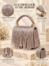 Maria Lilac handcrafted beaded tasselled bag by THE TAN CLAN, featuring intricate beadwork and a tassel detail in a soft lilac color.