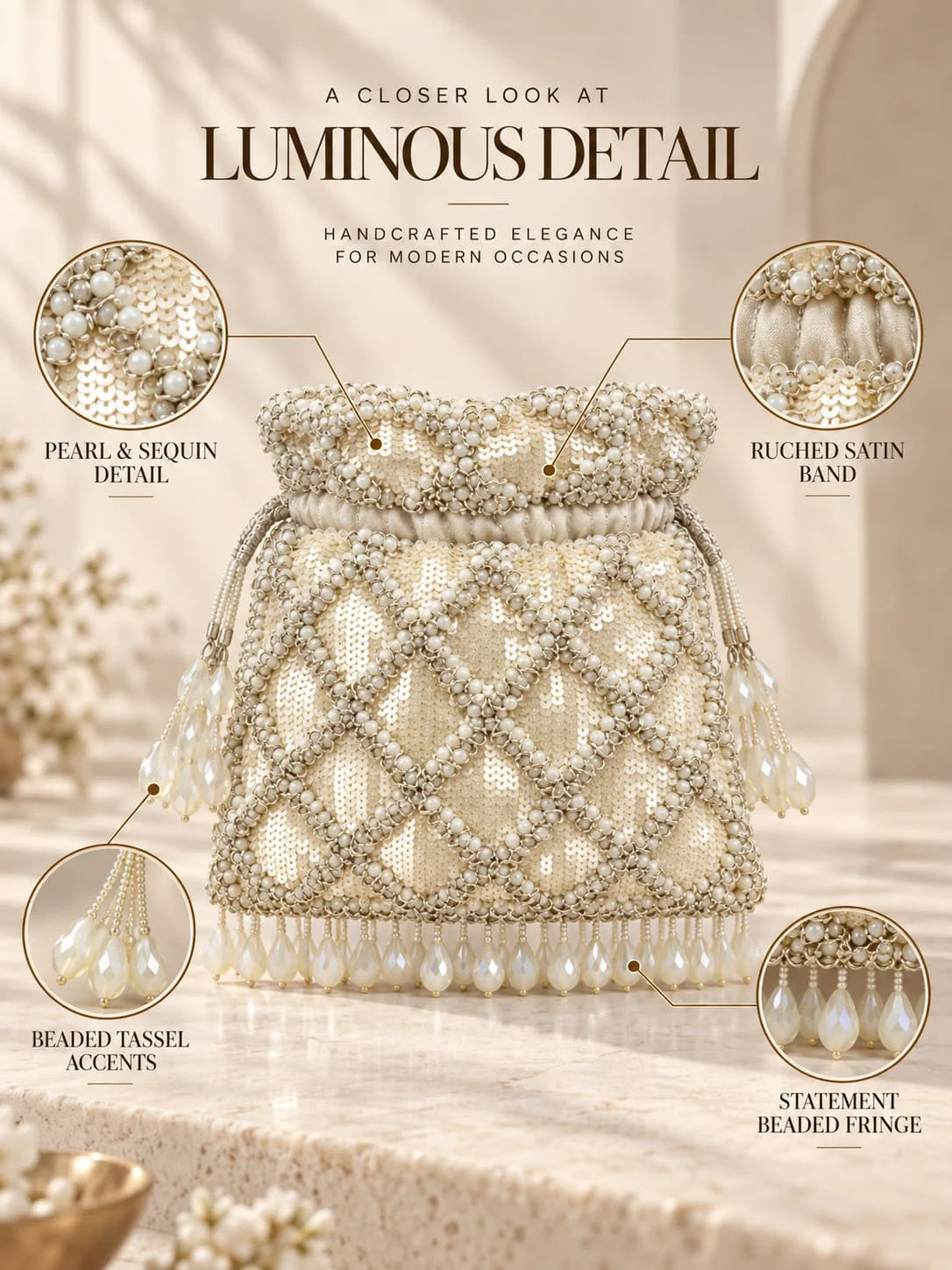White sequined tasselled potli bag by THE TAN CLAN with intricate embroidery and decorative tassels for festive occasions.