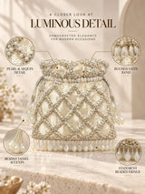White sequined tasselled potli bag by THE TAN CLAN with intricate embroidery and decorative tassels for festive occasions.