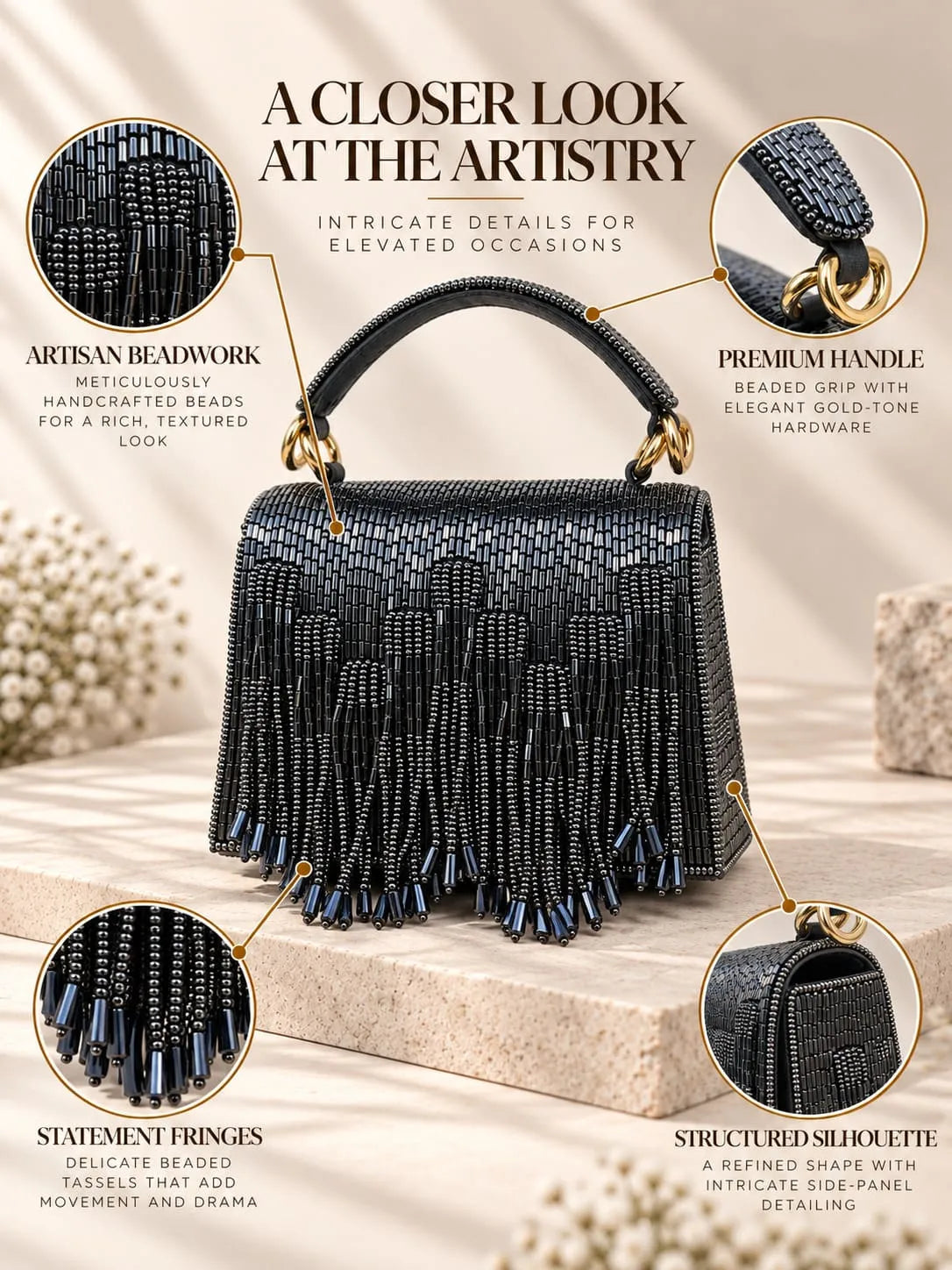 Maria Blue Handcrafted Beaded Tasselled Bag with intricate beadwork and tassel details, stylish accessory by THE TAN CLAN