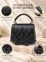Maria Blue Handcrafted Beaded Tasselled Bag with intricate beadwork and tassel details, stylish accessory by THE TAN CLAN