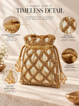 Gold sequined tasselled potli bag from THE TAN CLAN featuring intricate embroidery and a traditional drawstring closure.