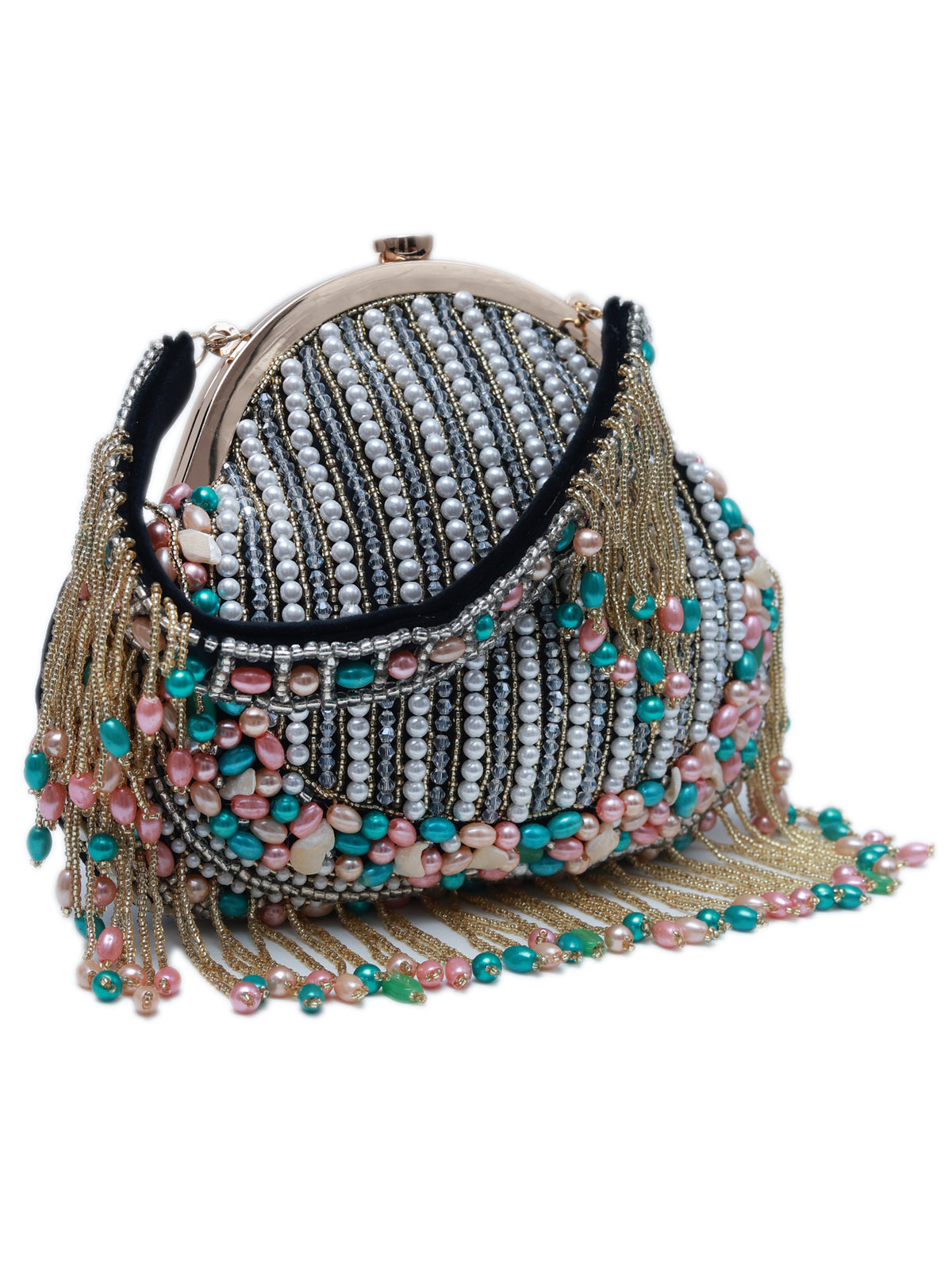 Sona pearl tasselled Batua bag with detachable handle by The Tan Clan, featuring intricate pearl embellishments and traditional design.