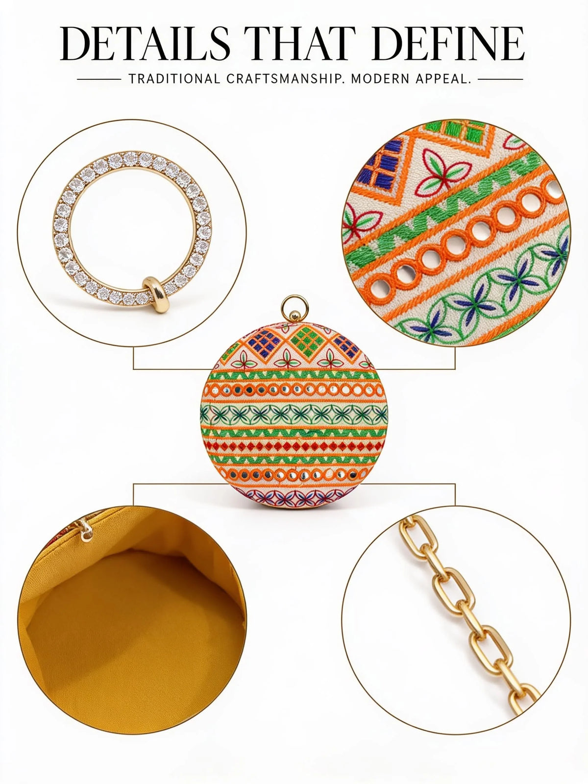 Multicolor round clutch bag by THE TAN CLAN featuring vibrant patterns and a compact, stylish design.