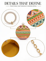 Multicolor round clutch bag by THE TAN CLAN featuring vibrant patterns and a compact, stylish design.