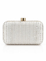 Silver embroidered box clutch by THE TAN CLAN with intricate embellishments and a sleek, compact design.