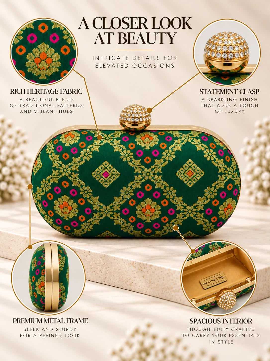 Dark green oval clutch bag by THE TAN CLAN featuring a sleek design and compact size.