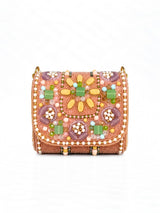 Hand-embroidered Basra Peach mini flap bag by THE TAN CLAN, featuring intricate embroidery and compact design.