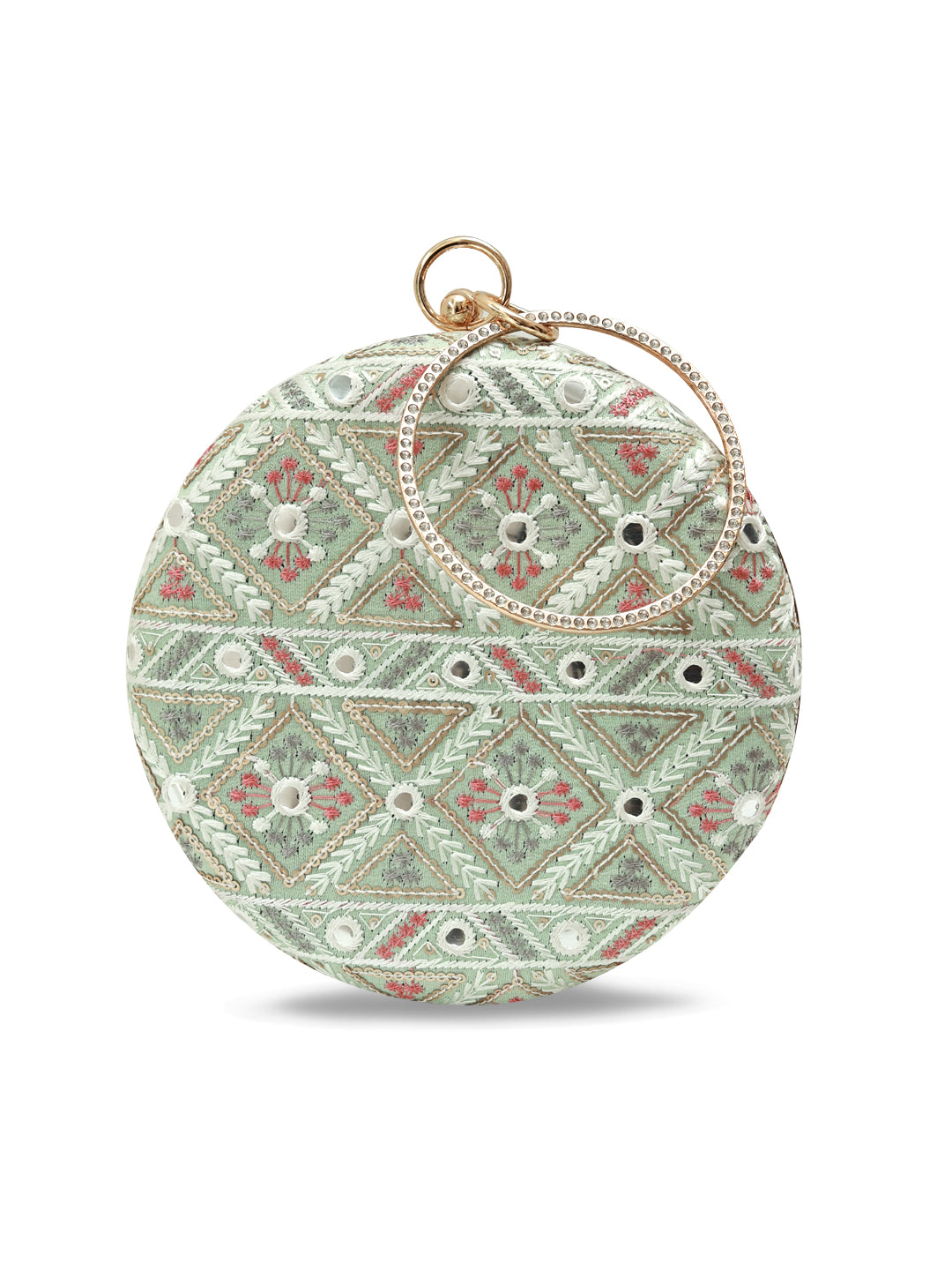 Ariba Green Round Clutch by The Tan Clan featuring a vibrant green, circular design with a sleek, compact shape for stylish occasions.