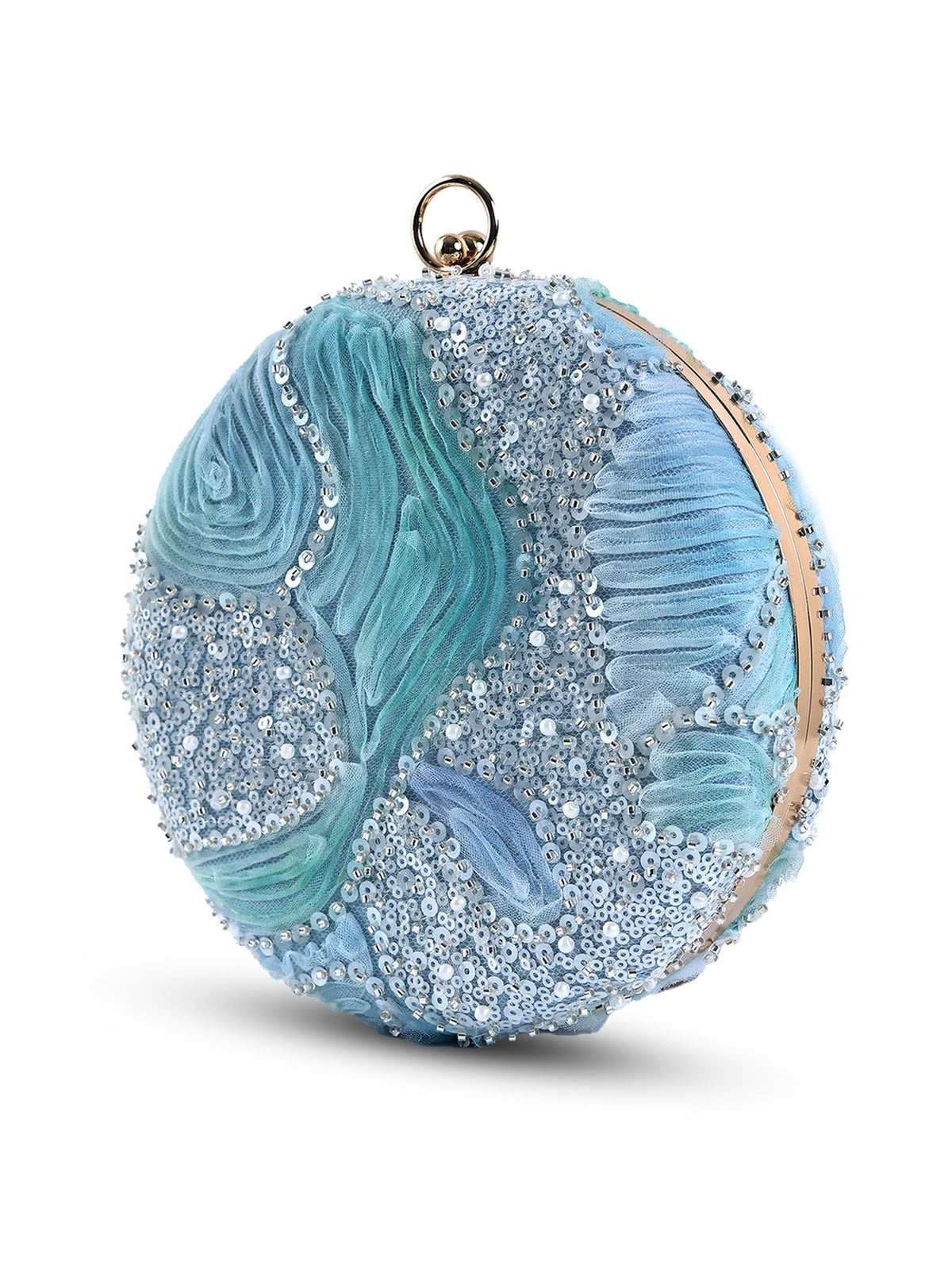 Aqua blue round clutch bag with a textured surface, featuring a sleek design and a gold clasp, by The Tan Clan.
