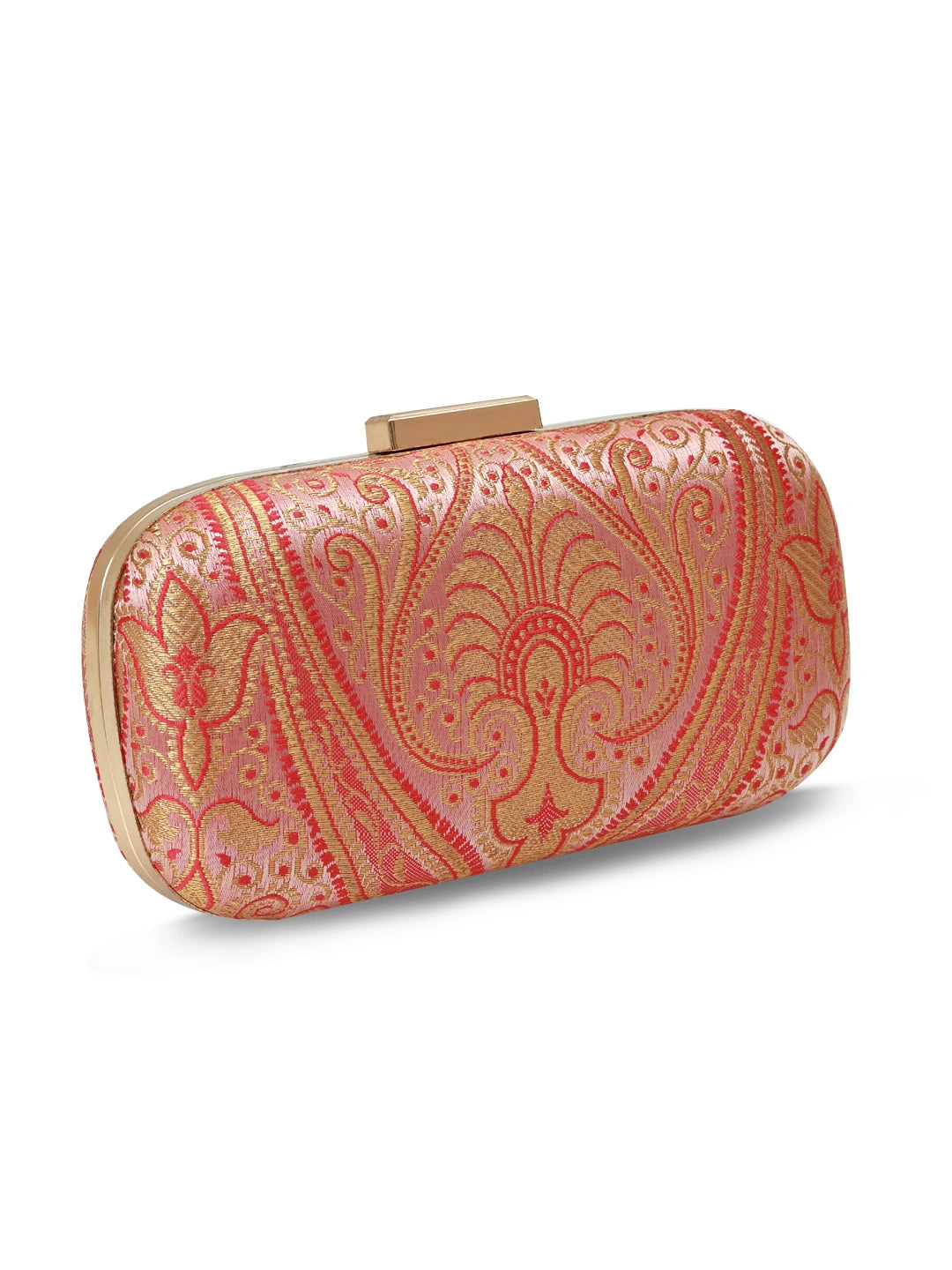 Pink Elora Banarasi long clutch by The Tan Clan featuring intricate traditional Indian woven fabric and elegant design.