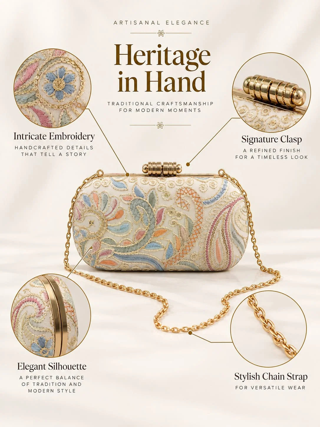 Kalki long embroidered clutch by THE TAN CLAN featuring intricate embroidery and a sleek, elegant design.