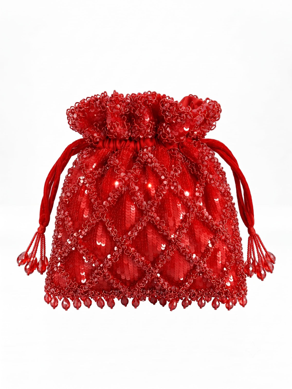Red sequined tasselled potli bag with intricate beadwork by THE TAN CLAN, featuring a decorative drawstring tassel.