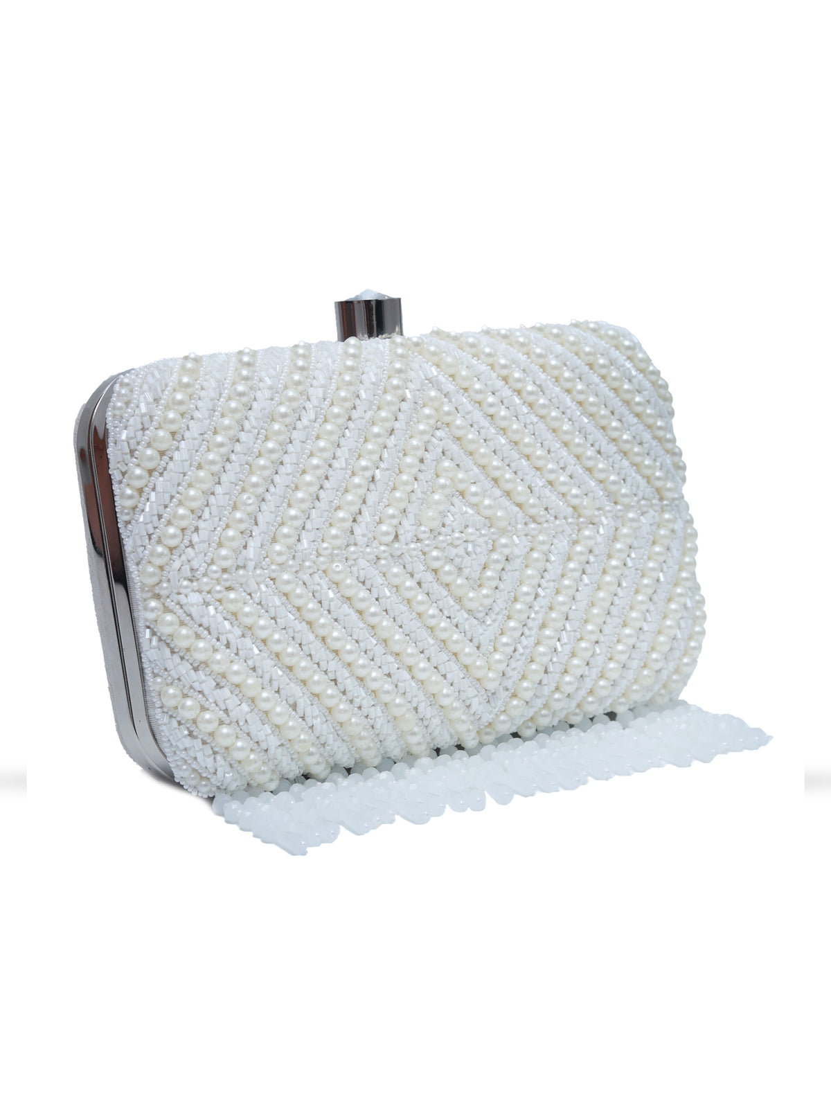Pearly White hand-embroidered clutch bag by The Tan Clan with intricate floral embroidery and a sleek, elegant design.