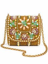Gold hand-embroidered mini flap purse by THE TAN CLAN with intricate embroidery and compact design.