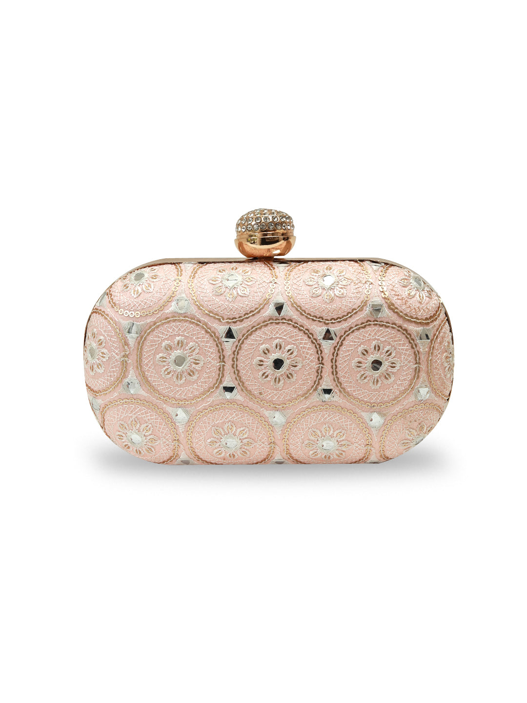Inaara Peach Oval Clutch by The Tan Clan featuring a smooth peach-colored leather exterior and elegant oval shape.