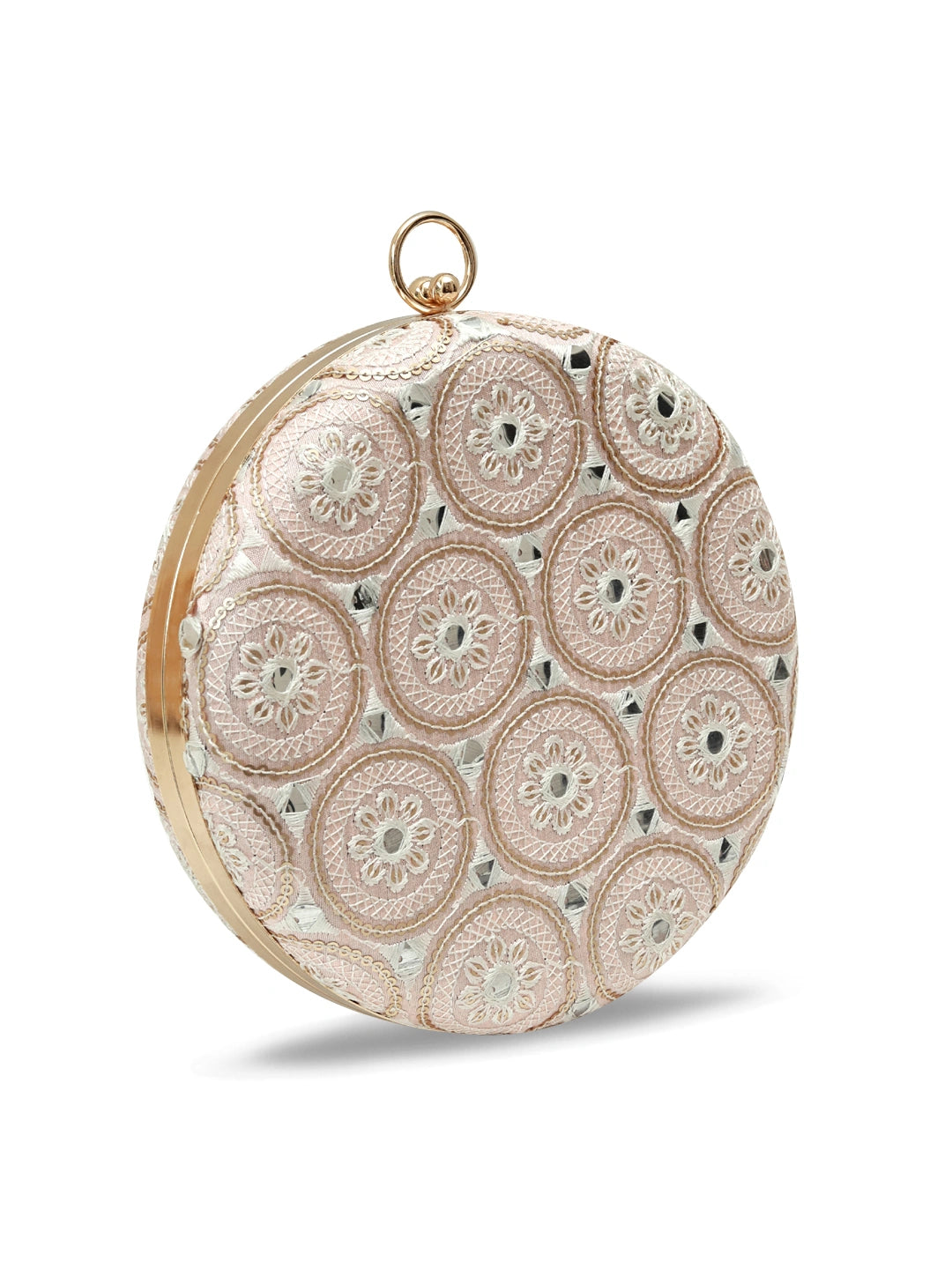 Inaara Peach Round Clutch by The Tan Clan, featuring a smooth peach-colored leather exterior with a sleek round shape.