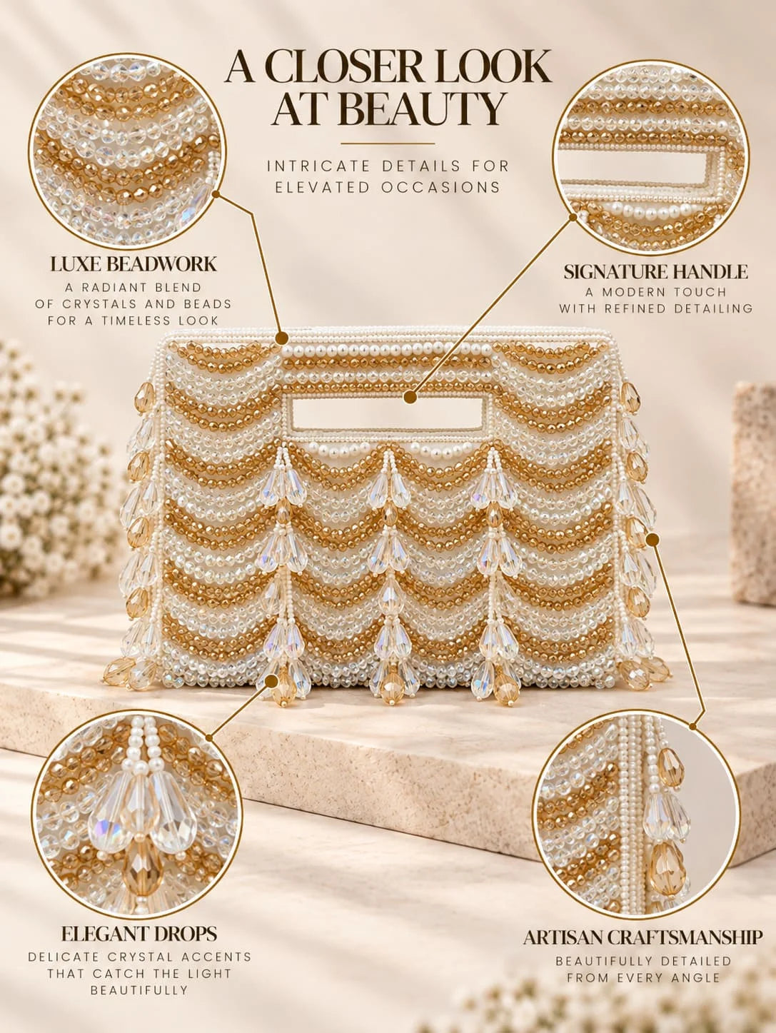 Lara white handcrafted beaded bag by THE TAN CLAN featuring intricate beadwork and a compact, stylish design.