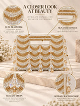 Lara white handcrafted beaded bag by THE TAN CLAN featuring intricate beadwork and a compact, stylish design.