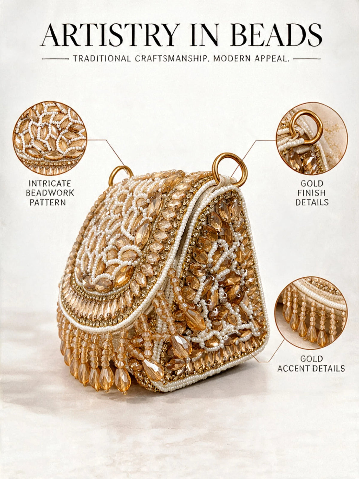 Zeenat Gold Beaded Mini Flap handbag with intricate beading and compact design, crafted by THE TAN CLAN.
