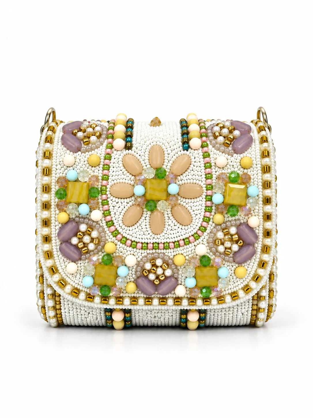 White hand-embroidered mini flap bag by THE TAN CLAN featuring intricate embroidery and a compact design.