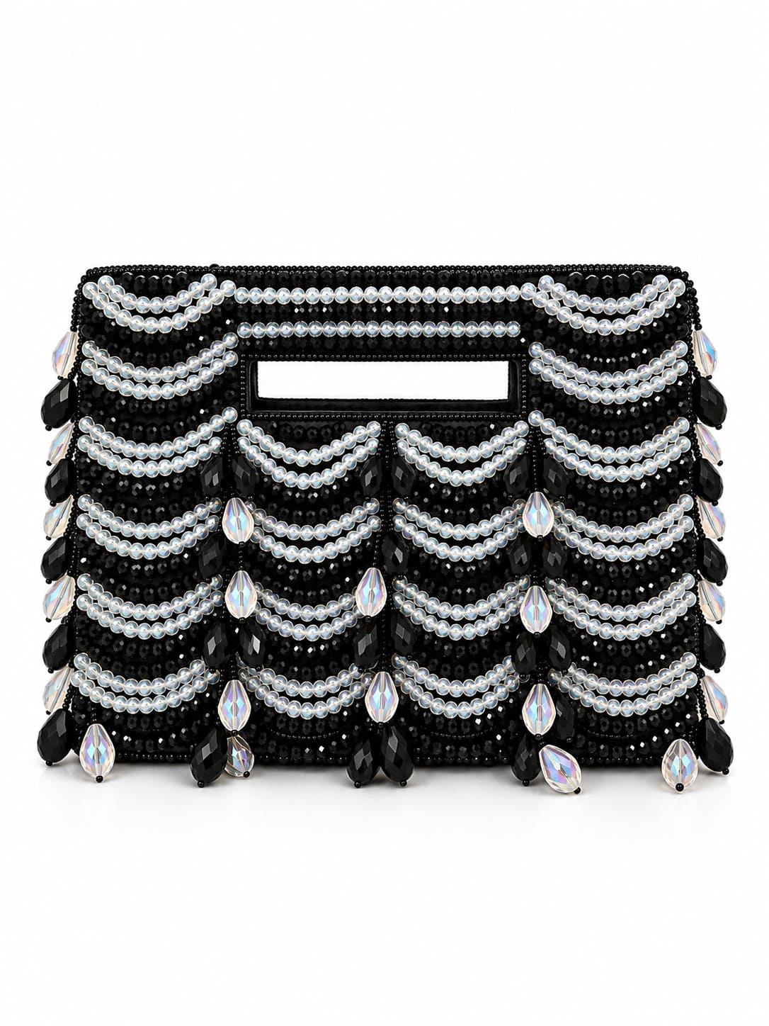 Lara Black Handcrafted Beaded Bag by THE TAN CLAN featuring intricate beadwork and a stylish hand-held design.