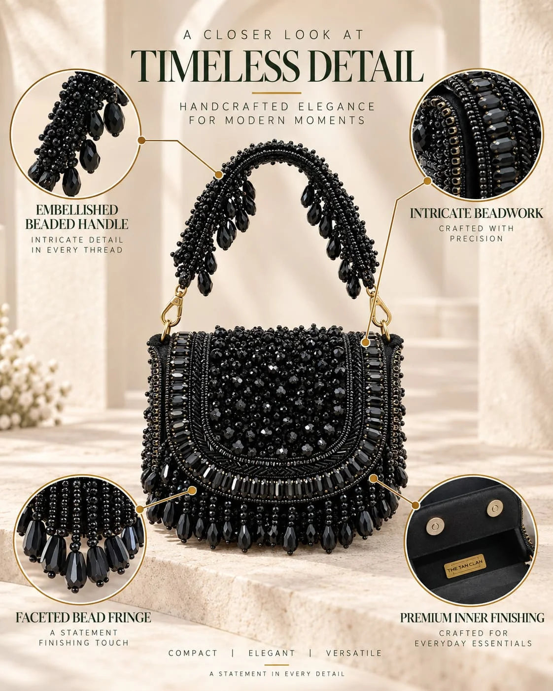 Zeenat black beaded mini flap bag by THE TAN CLAN with intricate beadwork and a compact design.