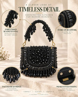 Zeenat black beaded mini flap bag by THE TAN CLAN with intricate beadwork and a compact design.