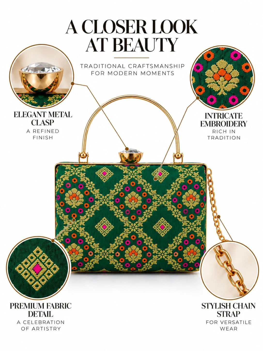 Dark green Mahi casket clutch by THE TAN CLAN featuring a sleek, structured design with a subtle textured finish.