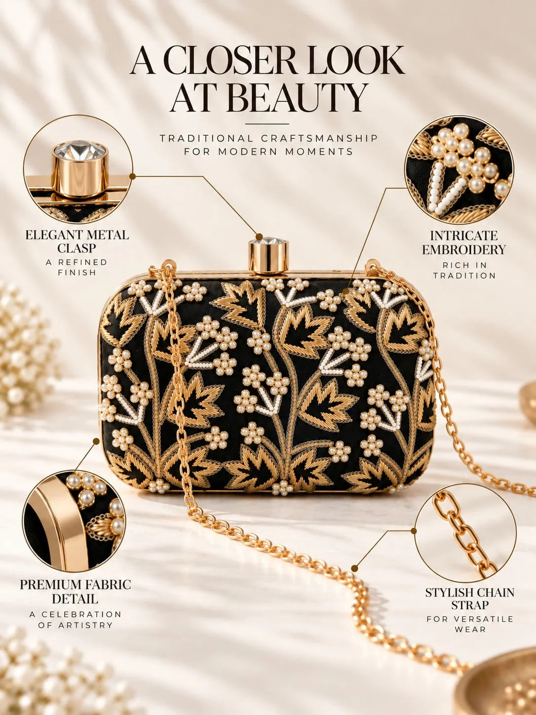 Shehnaaz black embroidered box clutch by THE TAN CLAN with intricate embroidery and a sleek, compact design for elegant occasions.