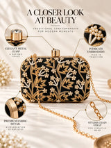 Shehnaaz black embroidered box clutch by THE TAN CLAN with intricate embroidery and a sleek, compact design for elegant occasions.