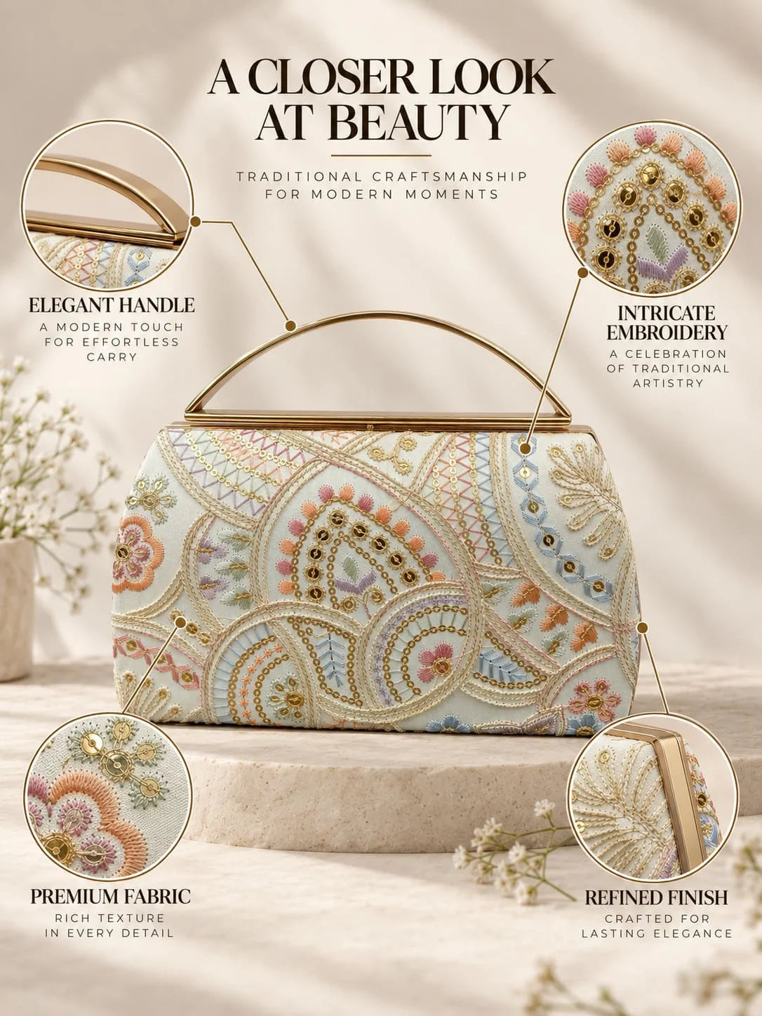 Resham capsule embroidered clutch bag by THE TAN CLAN featuring intricate embroidery and a compact, stylish design.