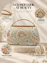 Resham capsule embroidered clutch bag by THE TAN CLAN featuring intricate embroidery and a compact, stylish design.