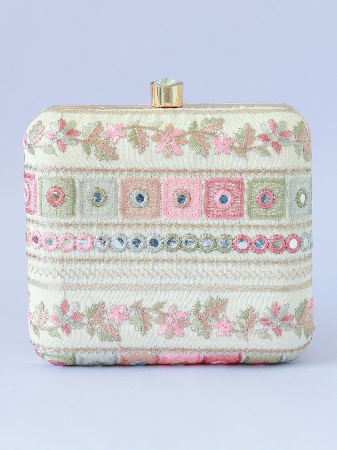 Elegant Phulwaari floral box clutch by The Tan Clan featuring intricate embroidery and vibrant floral patterns.