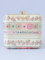 Elegant Phulwaari floral box clutch by The Tan Clan featuring intricate embroidery and vibrant floral patterns.