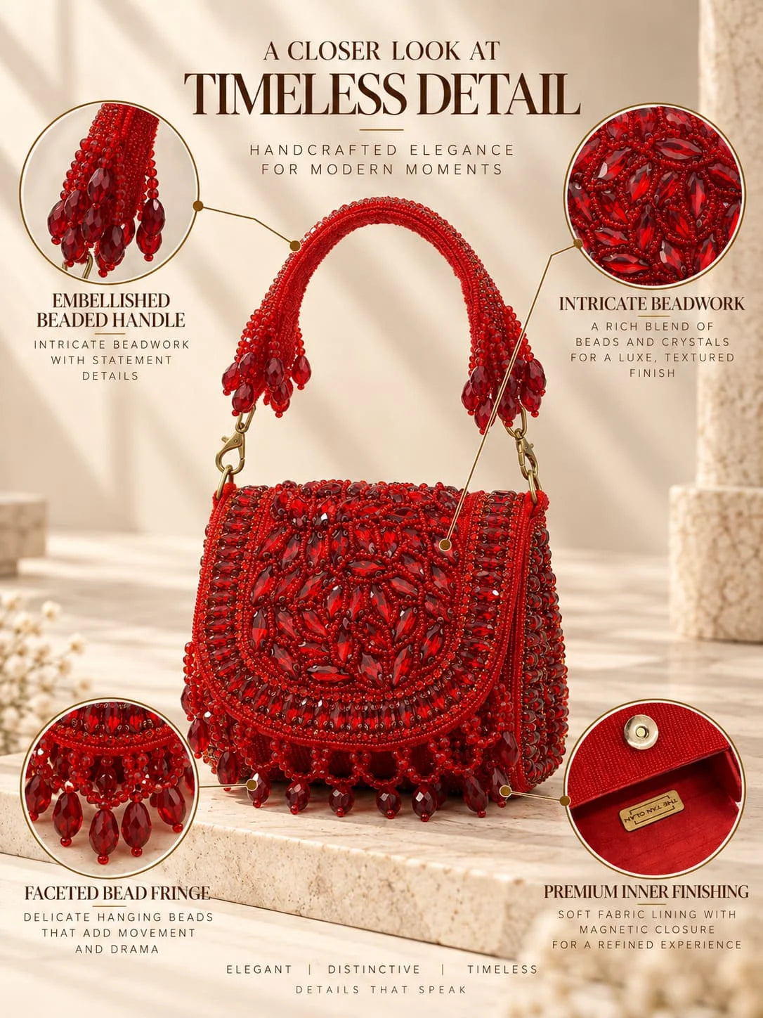 Zeenat Red Beaded Mini Flap bag by THE TAN CLAN with intricate beadwork and a compact design, suitable for stylish occasions.