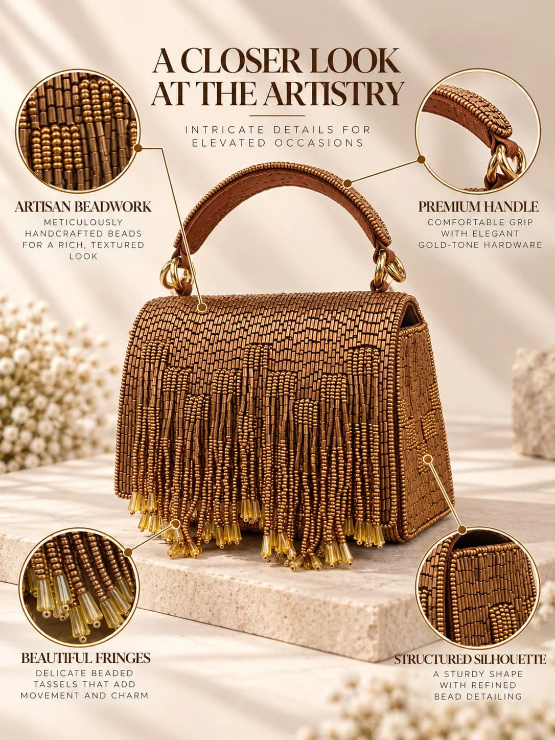 Maria Bronze handcrafted beaded tasselled bag by THE TAN CLAN, featuring intricate beadwork and a stylish tassel detail.