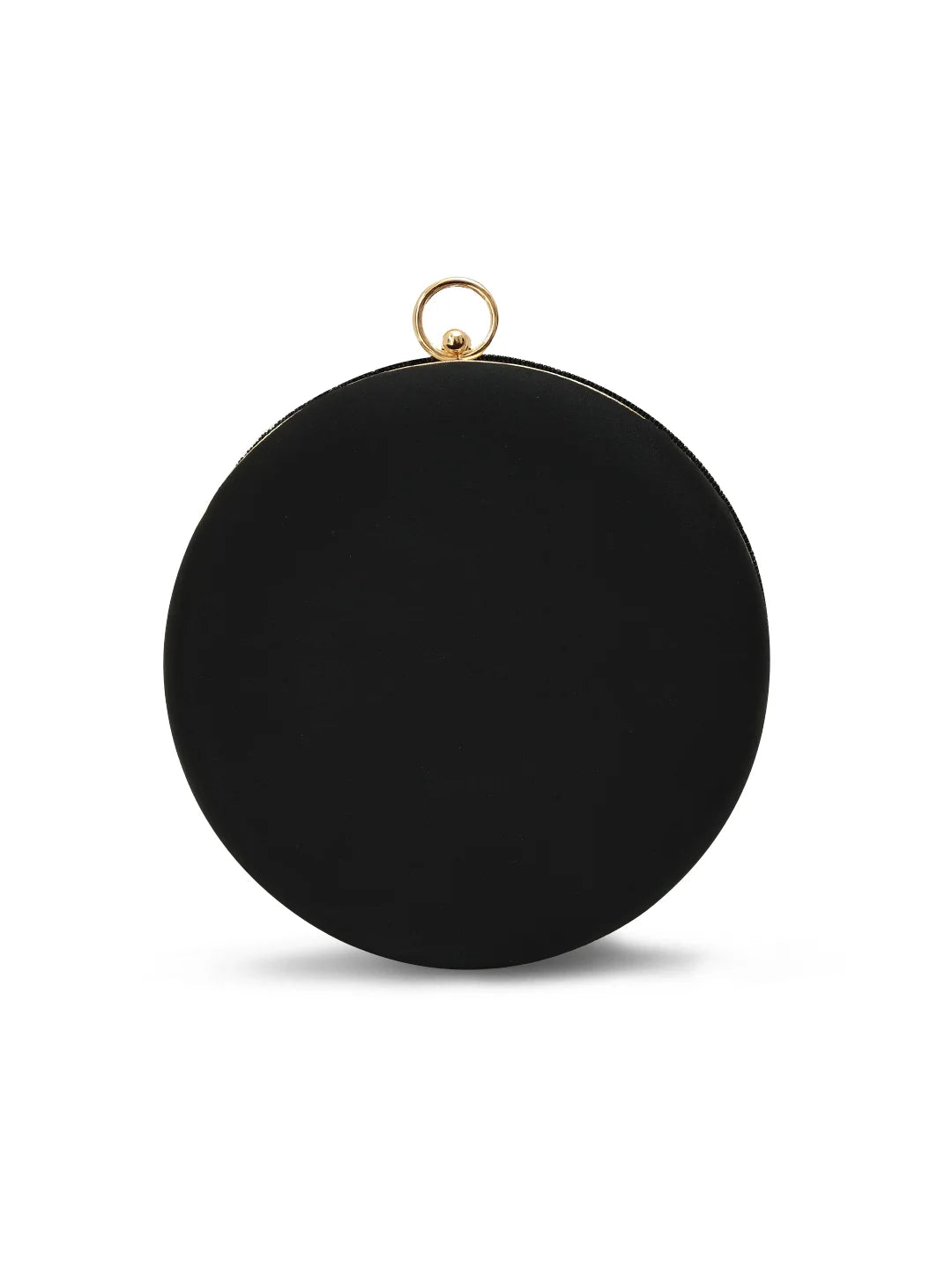 Black round clutch with gold clasp on a white background