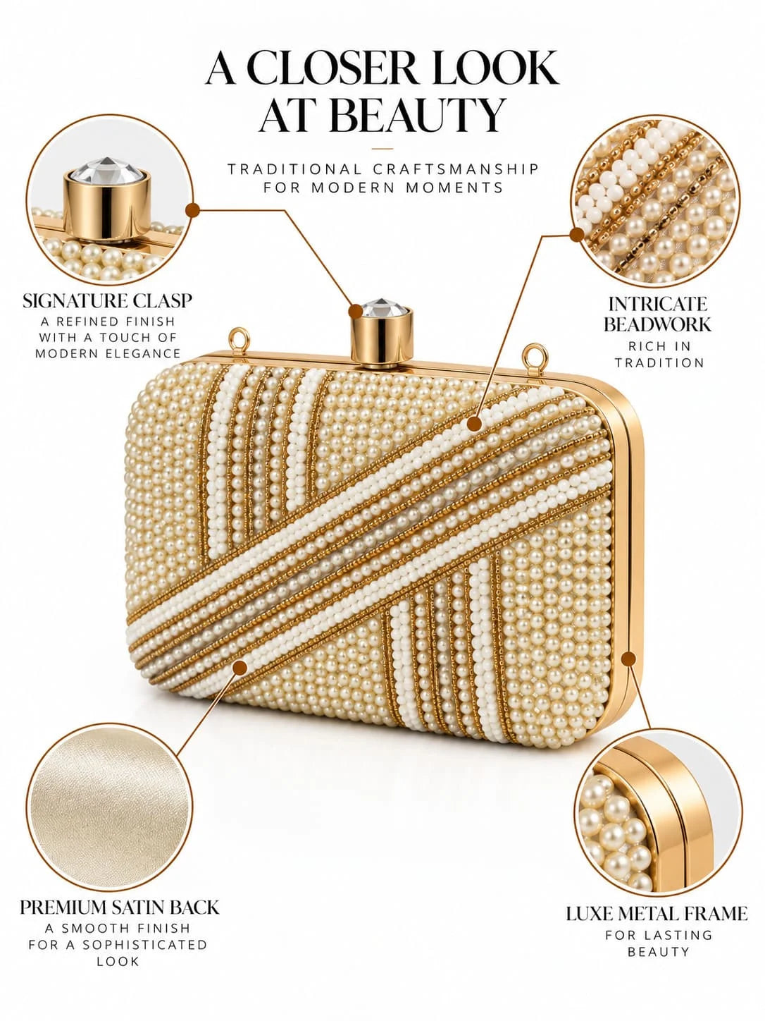 Zara Pearl Box Clutch by THE TAN CLAN featuring a sleek rectangular design with pearl embellishments and a metallic clasp.