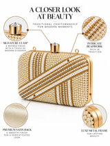 Zara Pearl Box Clutch by THE TAN CLAN featuring a sleek rectangular design with pearl embellishments and a metallic clasp.