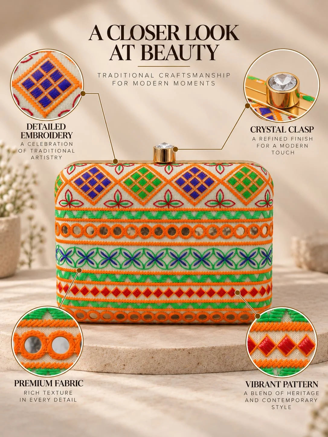 Multicolor square clutch purse by THE TAN CLAN featuring vibrant geometric pattern and compact design for stylish accessories.