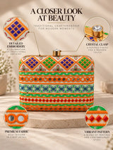 Multicolor square clutch purse by THE TAN CLAN featuring vibrant geometric pattern and compact design for stylish accessories.