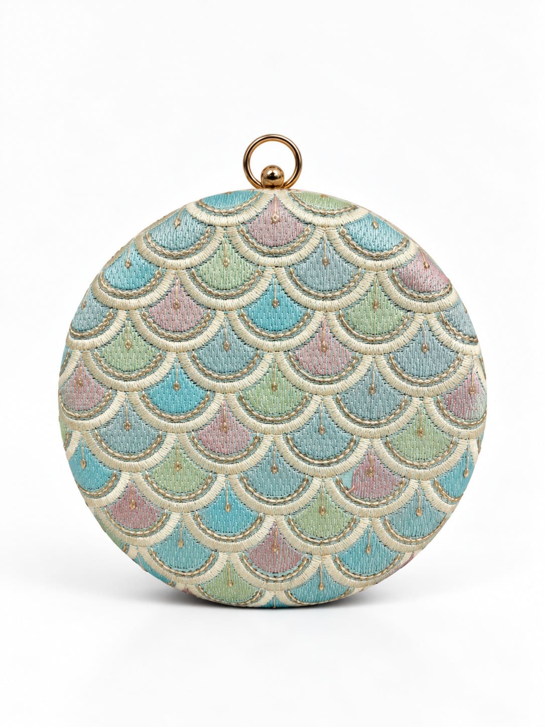 Veda round embroidered clutch by THE TAN CLAN featuring intricate embroidery and a compact, stylish design for evening use.