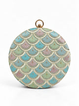 Veda round embroidered clutch by THE TAN CLAN featuring intricate embroidery and a compact, stylish design for evening use.