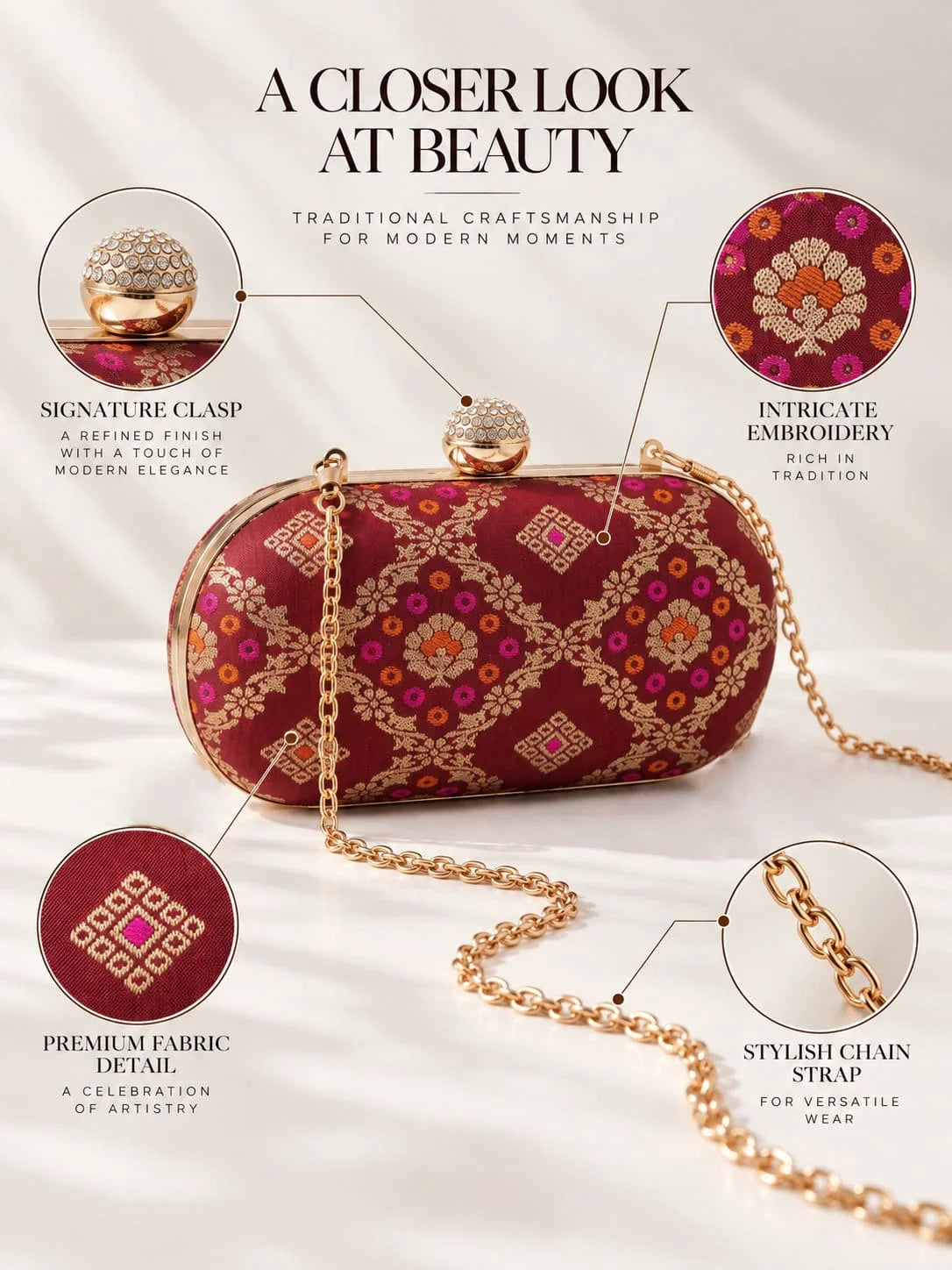 Red oval clutch bag from THE TAN CLAN featuring a sleek design and compact size, perfect for evening or special occasions.
