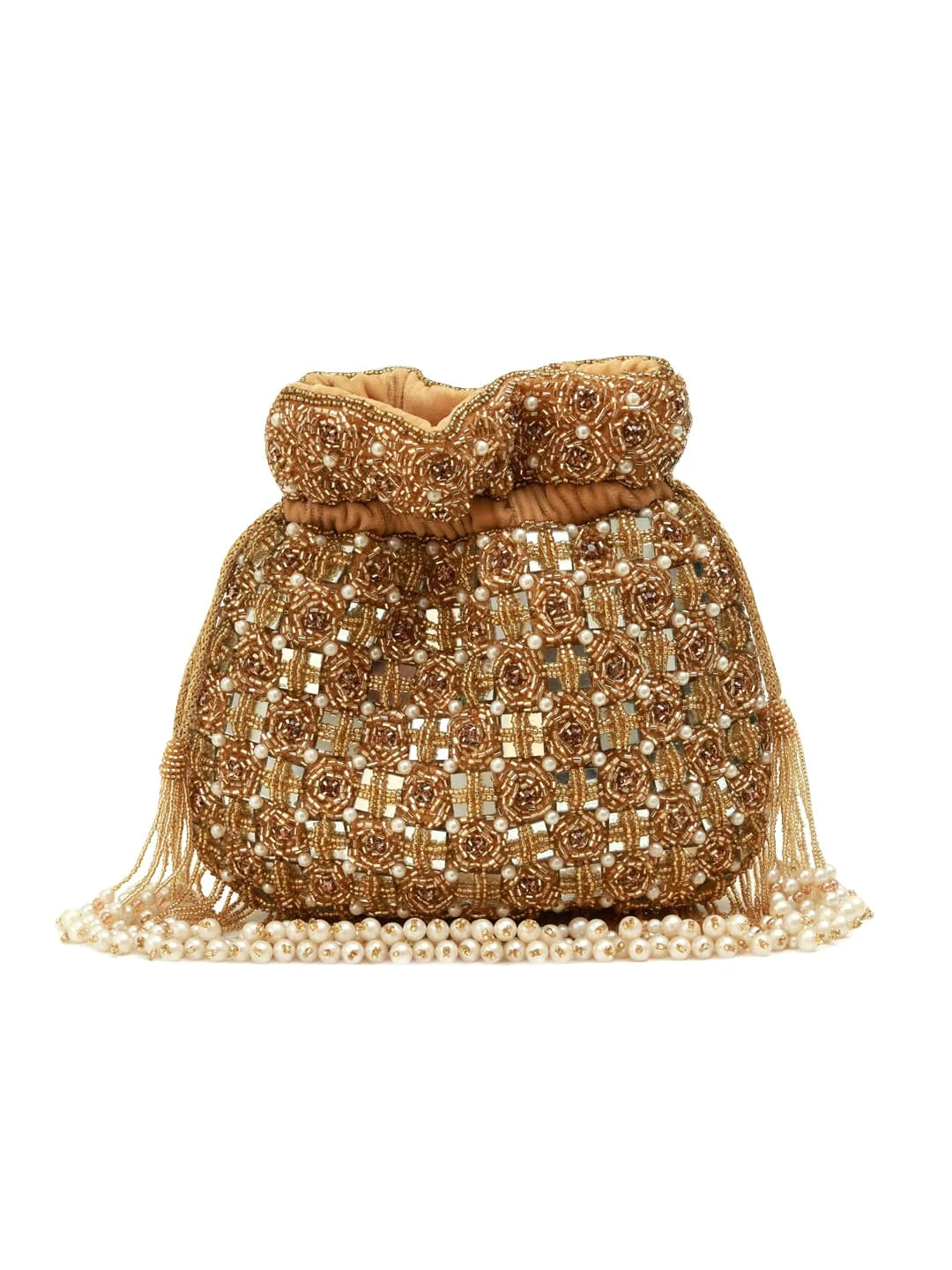 Gold beaded handbag with pearls on a white background