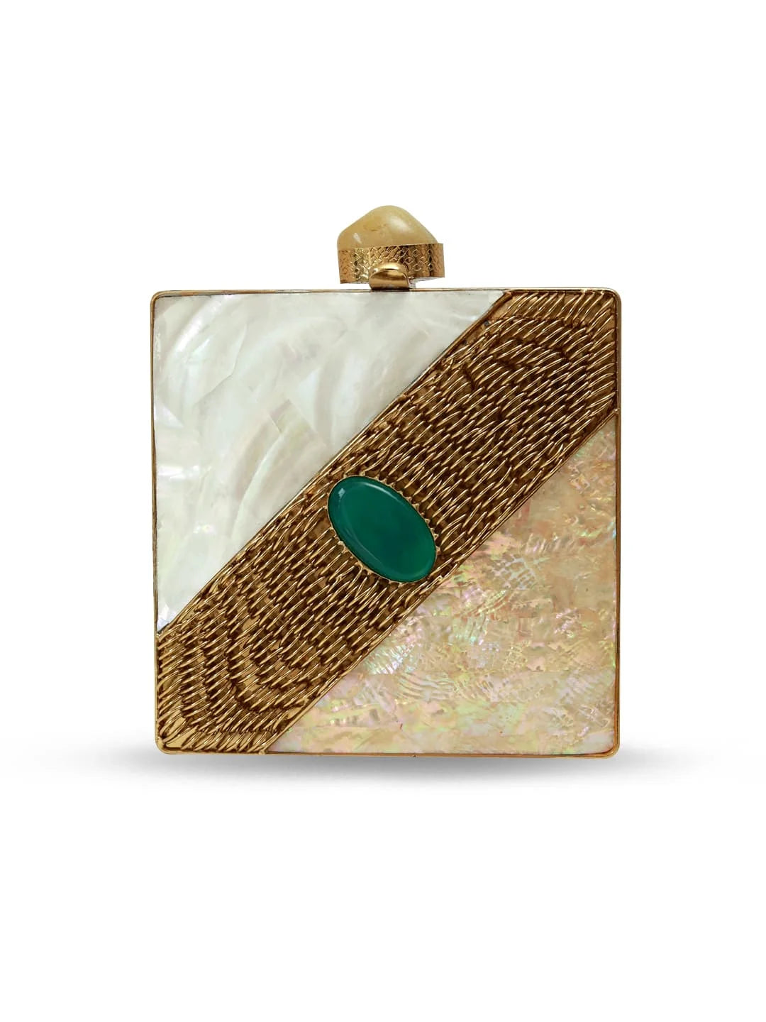 Square-shaped clutch with gold, white, and green design on a white background