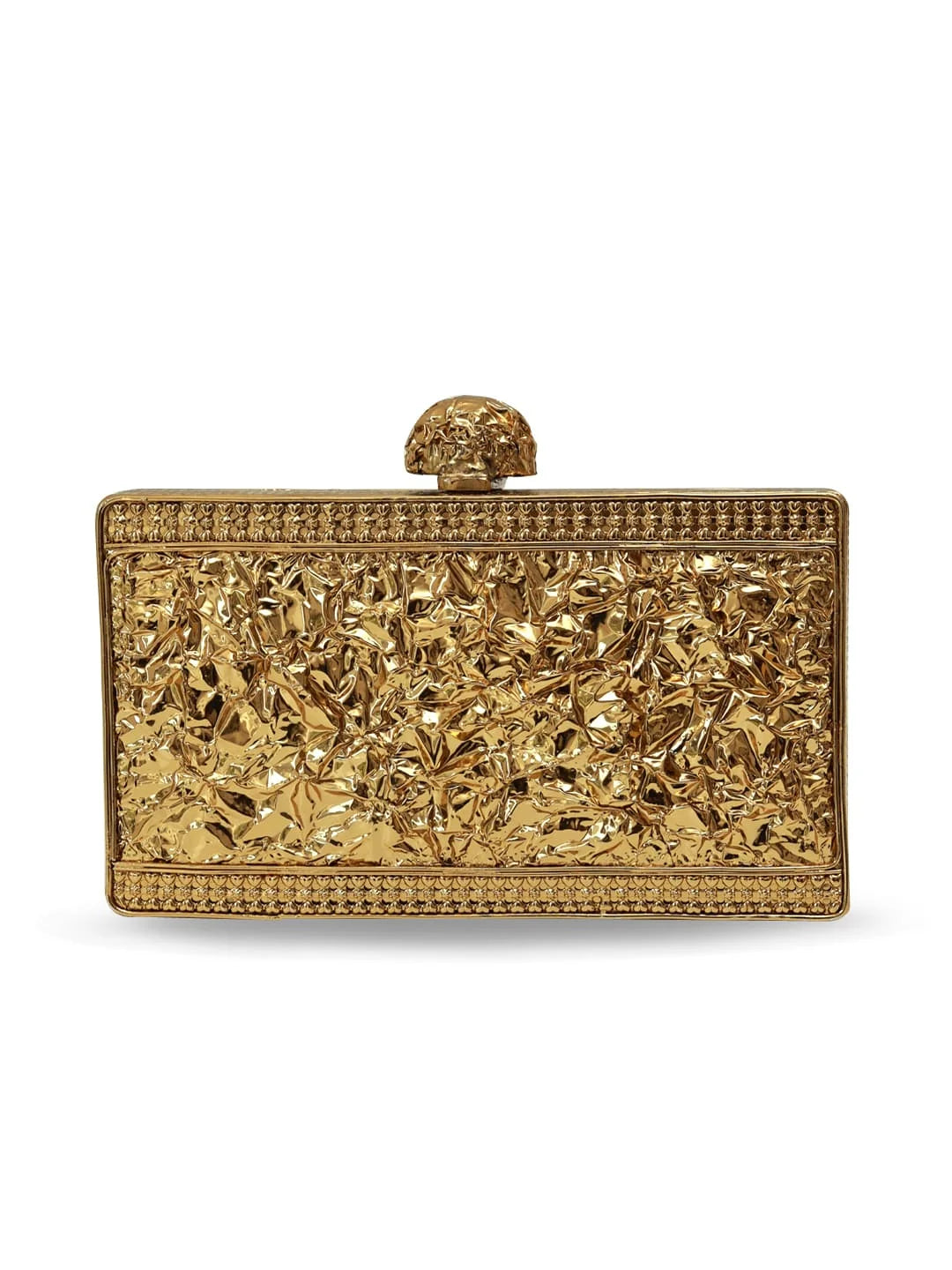 Gold clutch with intricate design on a white background